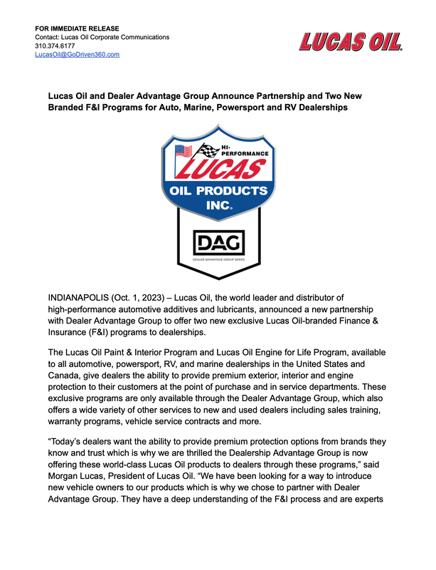 Lucas Oil DAG Press Release